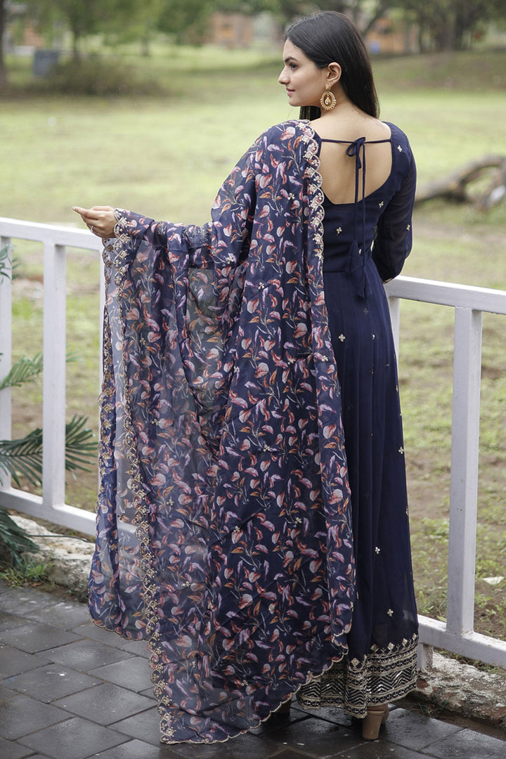 Georgette Fabric Soft Navy Blue Color Readymade Long Anarkali Style Gown With Dupatta