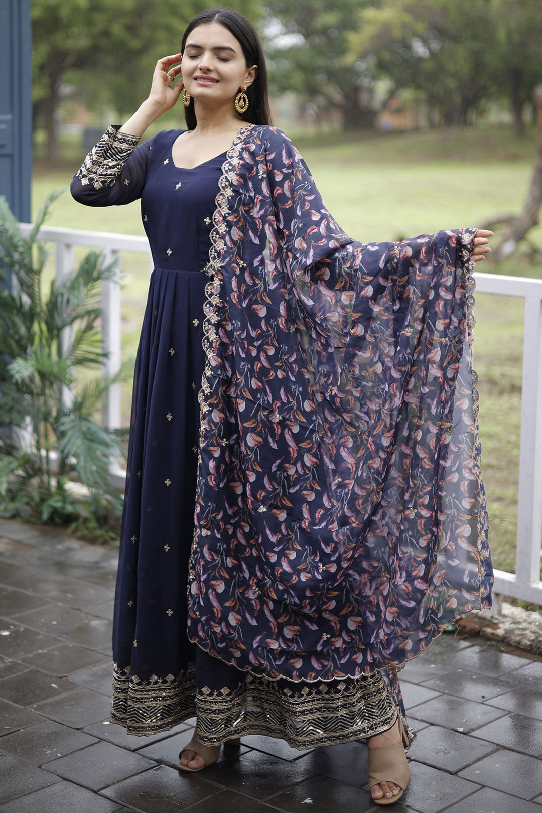 Georgette Fabric Soft Navy Blue Color Readymade Long Anarkali Style Gown With Dupatta