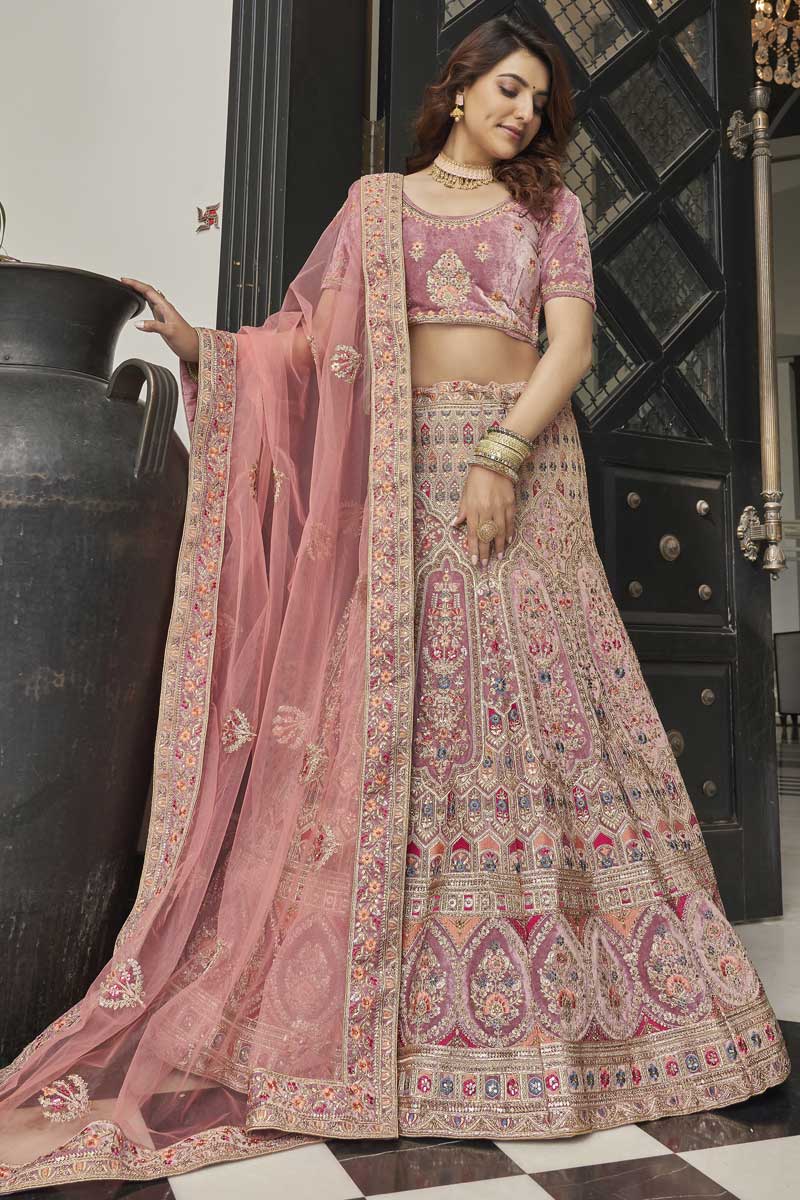 Pink Color Velvet Fabric Function Wear Appealing Embroidered Work Lehenga