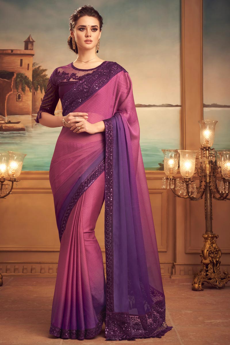 Art Silk Fabric Sangeet Wear Pink Color Embroidered Saree