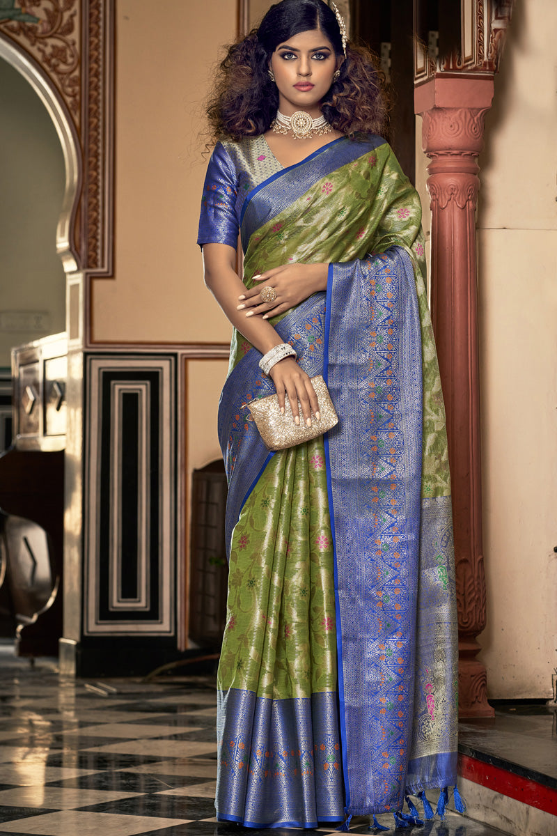 Organza Fabric Brilliant Festive Style Saree In Green Color