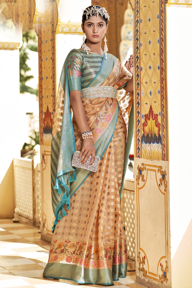 Cream Color Art Silk Fabric Beatific Floral Printed Work Saree