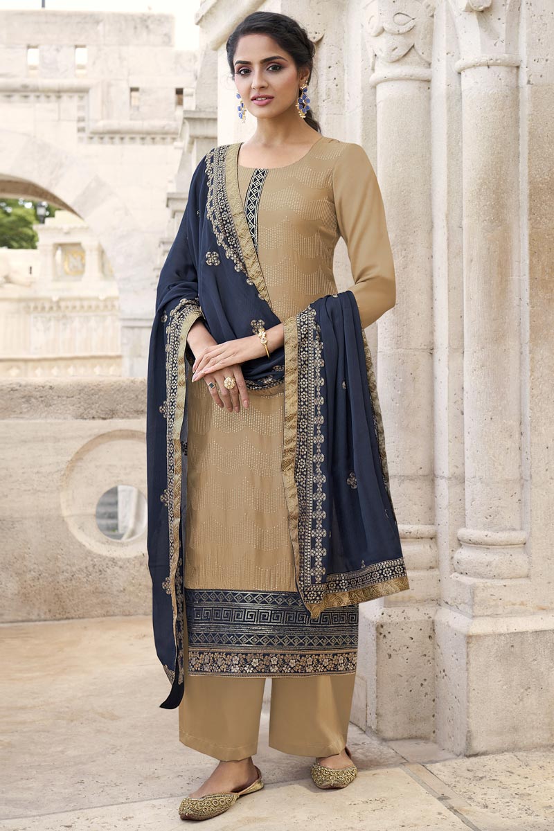 Beige Color Chinon Fabric Party Style Embroidered Palazzo Dress