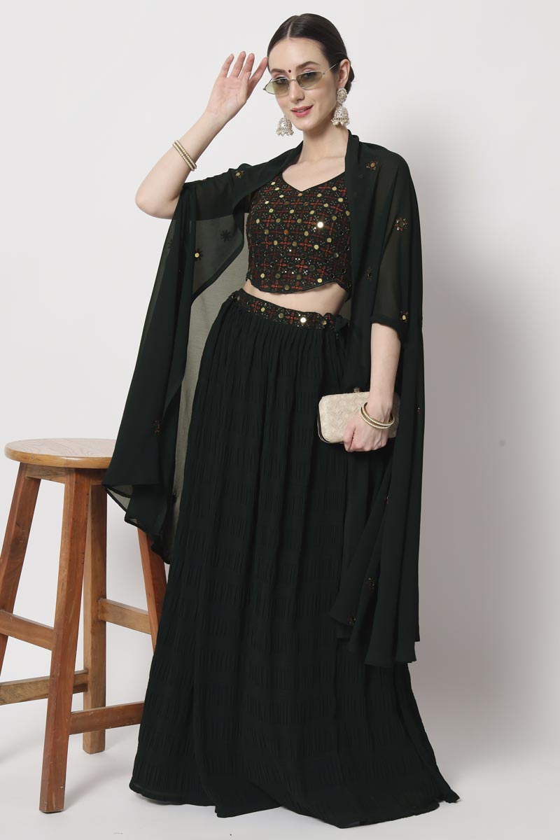 Marvellous Georgette Fabric Crush Lehenga Choli In Dark Green Color