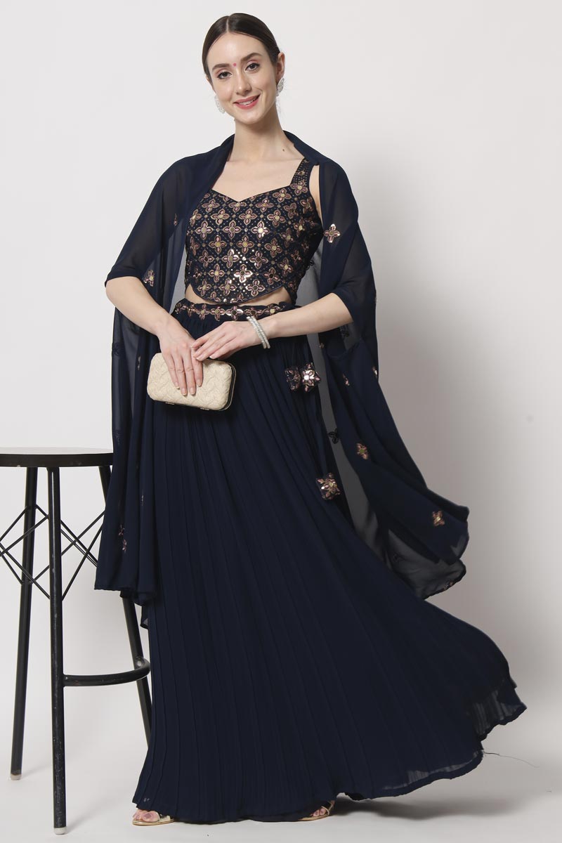 Dazzling Navy Blue Color Crush Lehenga Choli In Georgette Fabric