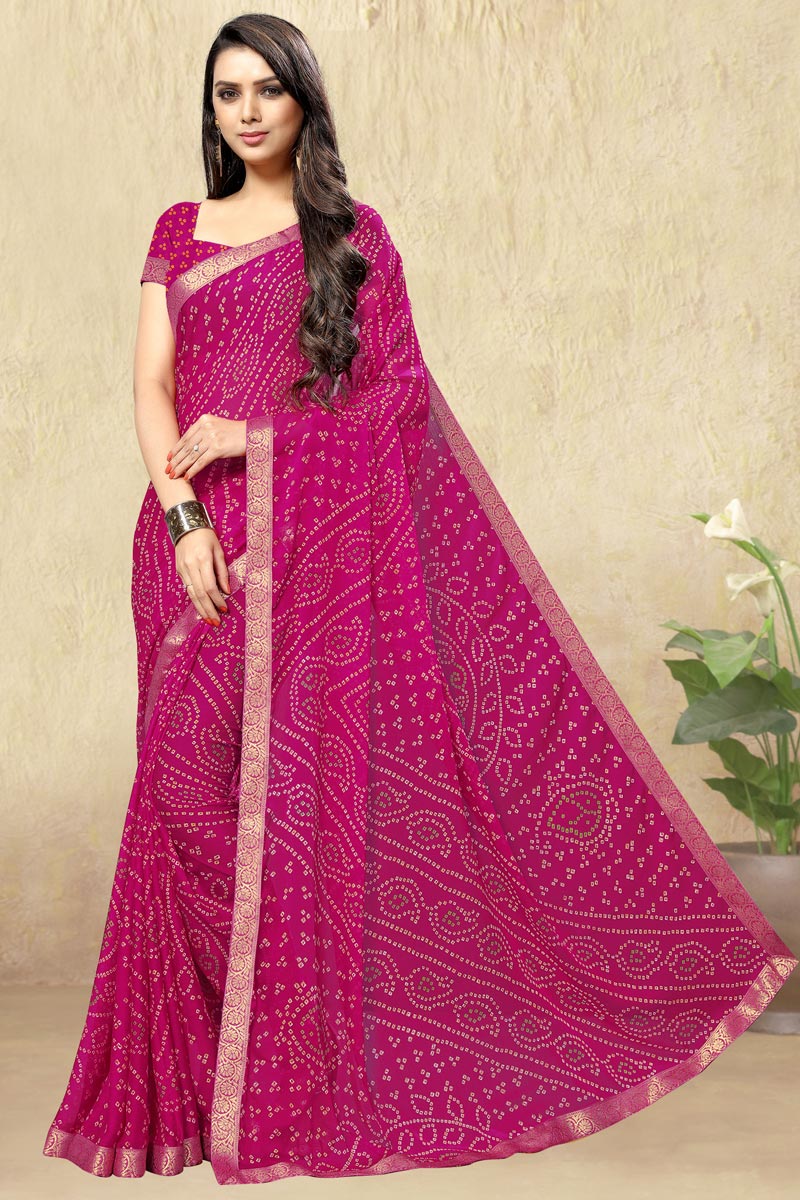 Rani Color Chiffon Fabric Bandhani Print Casual Saree