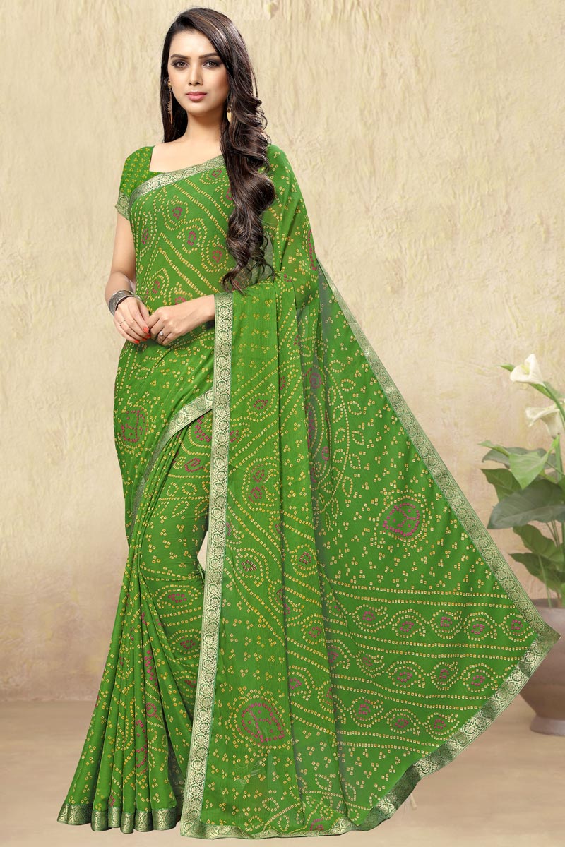 Chiffon Fabric Bandhani Print Daily Wear Saree In Green Color