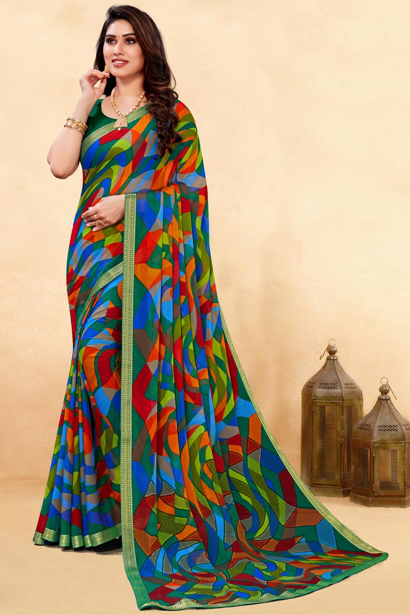 Multi Color Chiffon Fabric Printed Casual Saree
