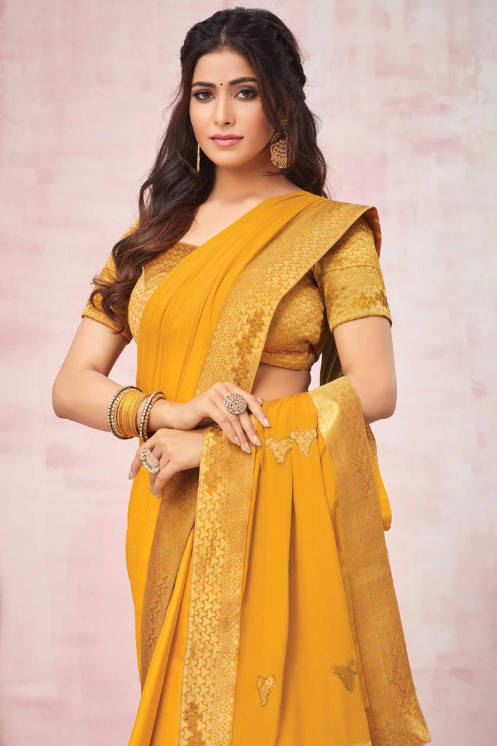 Dazzling Art Silk Fabric Lace Border Work Mustard Festive Wear Saree