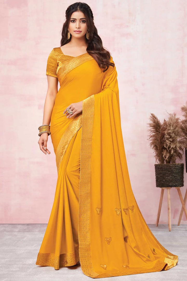 Dazzling Art Silk Fabric Lace Border Work Mustard Festive Wear Saree