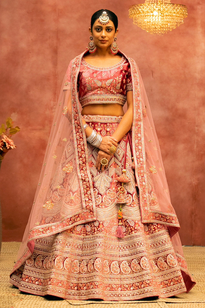 Embroidered Work Brilliant Bridal Velvet Lehenga Choli In Peach Color