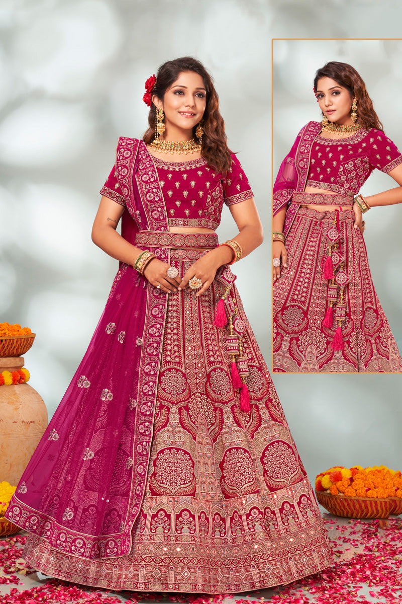 Rani Color Embroidered Work Soothing Bridal Velvet Lehenga Choli
