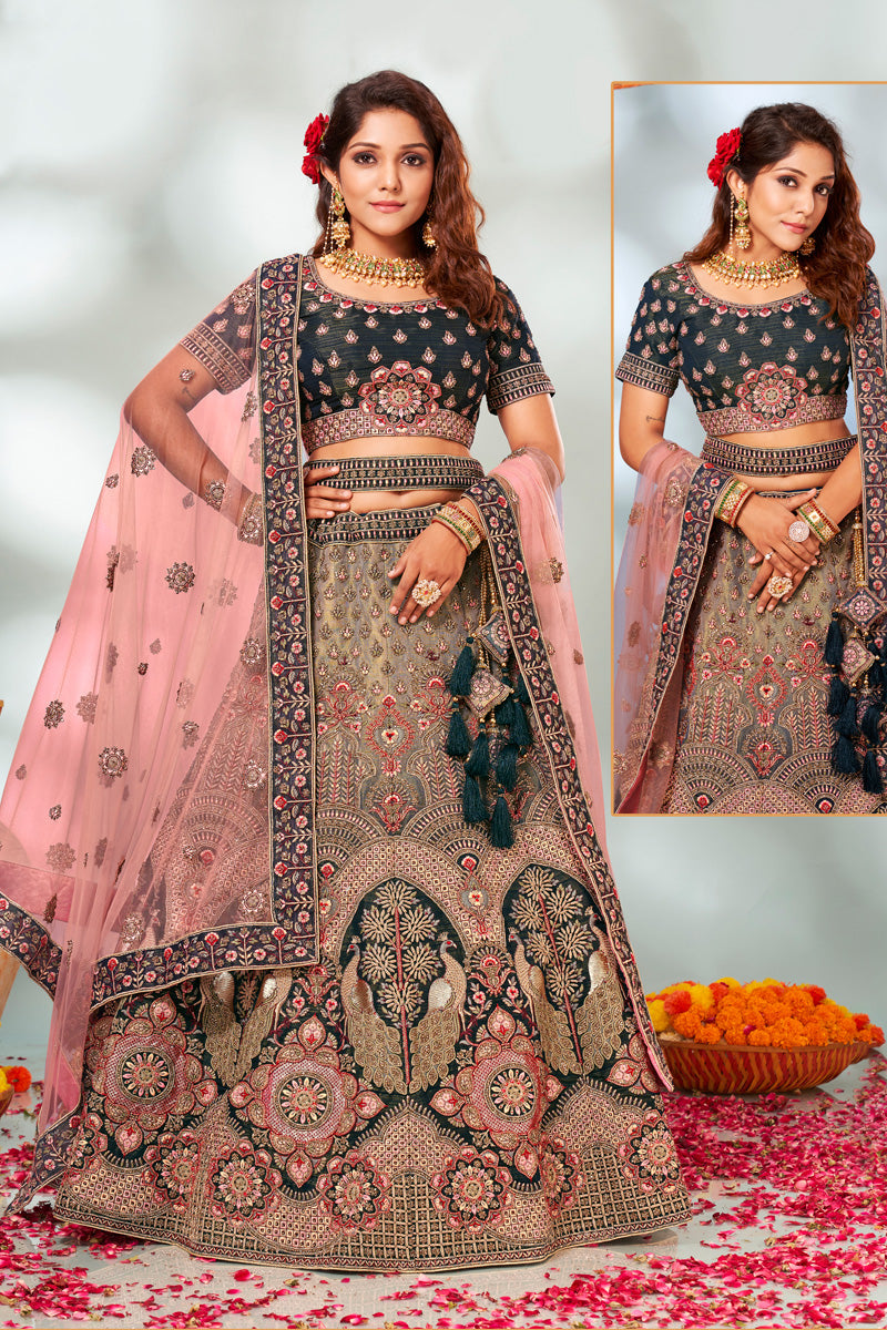 Beige Color Embroidered Work Appealing Bridal Velvet Lehenga Choli