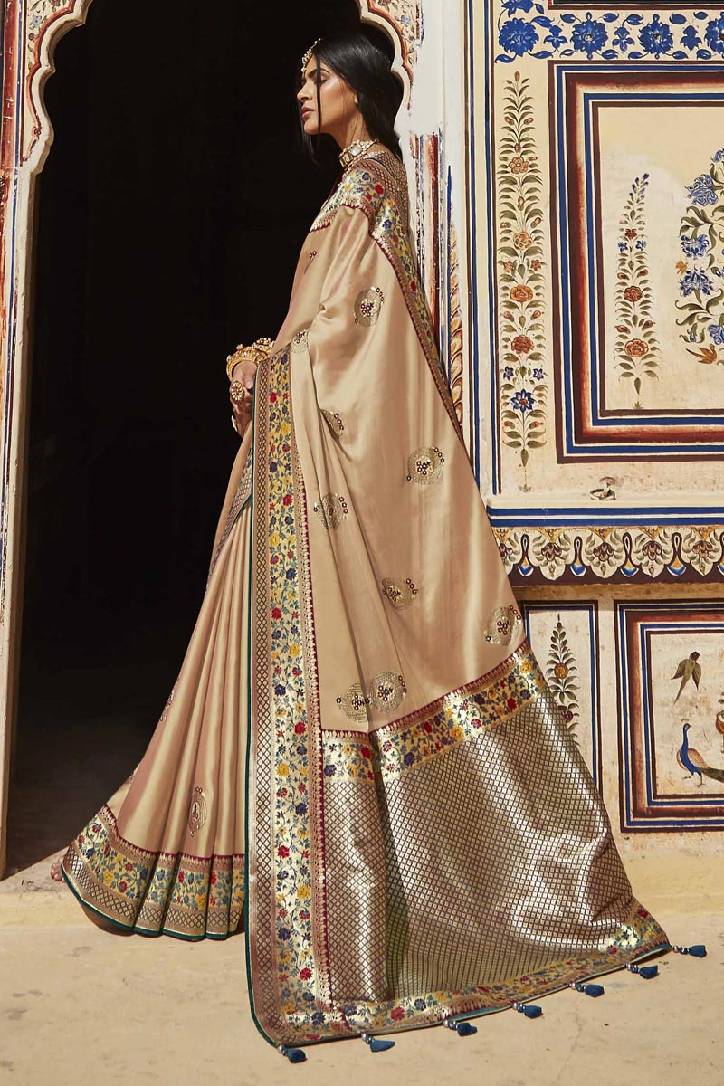 Art Silk Sangeet Wear Beige Color Weaving Work Saree
