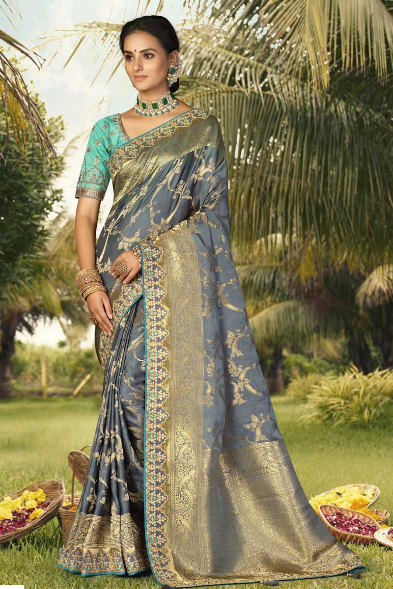 Incredible Weaving Work On Art Silk Fabric Grey Color Saree