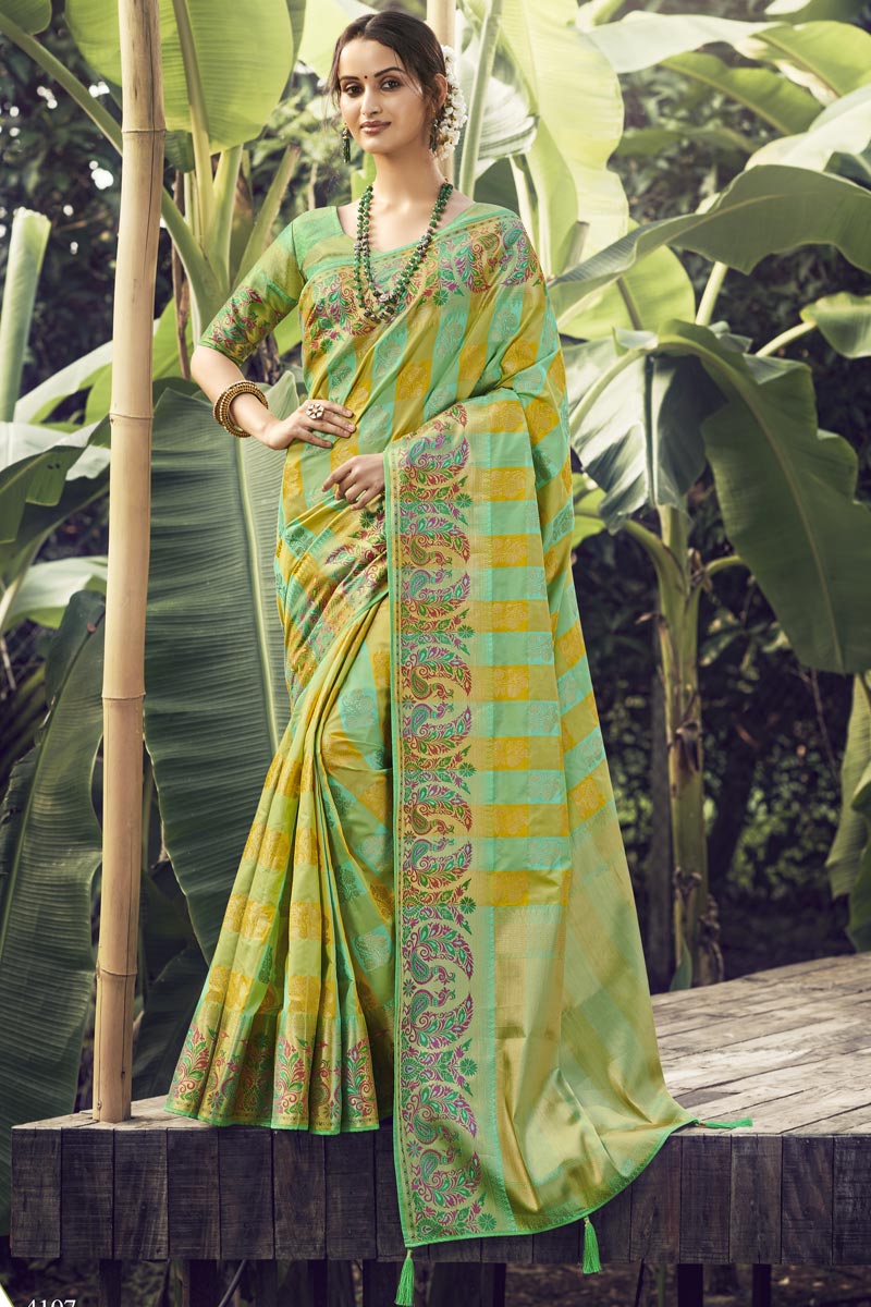 Sea Green Color Sangeet Wear Art Silk Fabric Weaving Work Saree