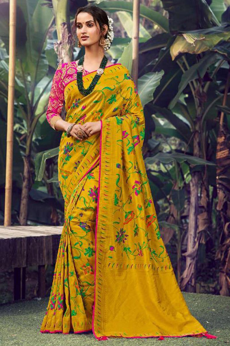 Function Wear Art Silk Fabric Weaving Work Saree In Yellow Color