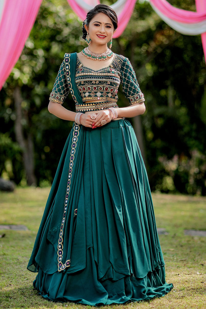 Silk Fabric Wedding Look Brilliant Lehenga In Green Color
