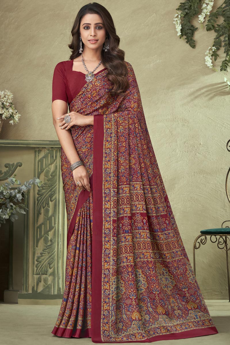 Crepe Silk Printed Saree In Maroon Color