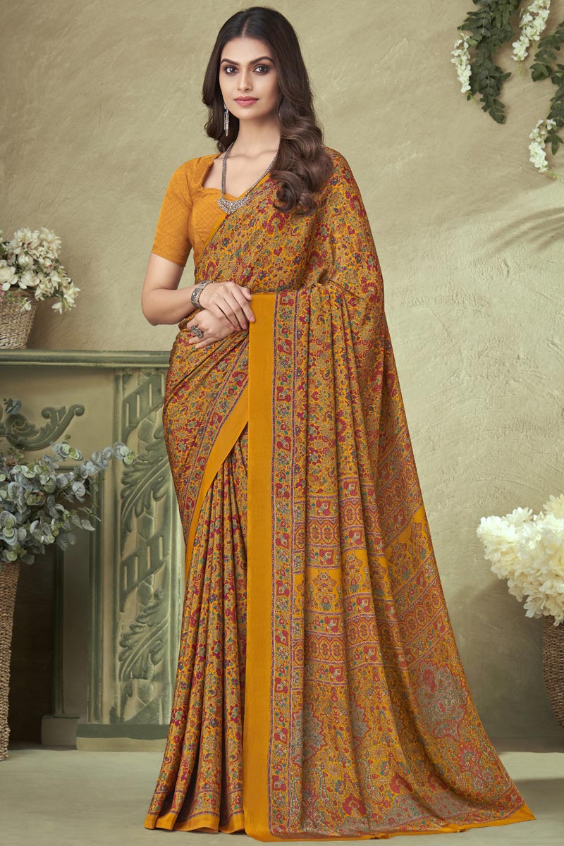 Mustard Color Crepe Silk Printed Saree