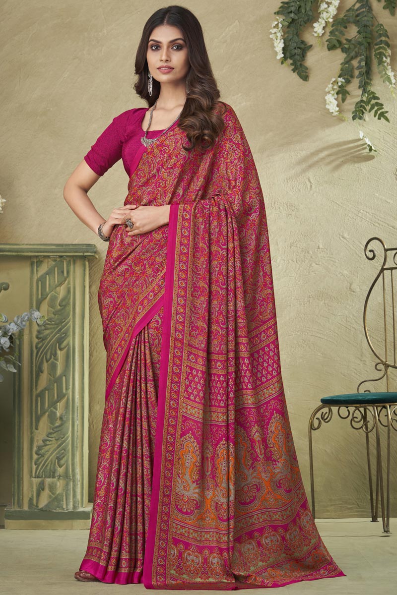 Rani Color Crepe Silk Printed Saree