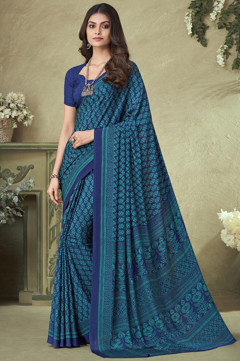 Blue Color Crepe Silk Printed Saree