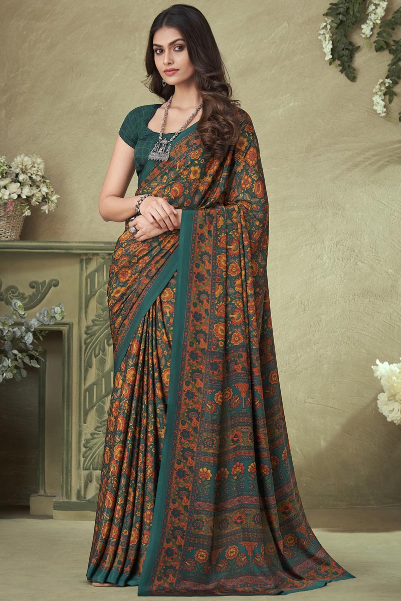 Crepe Silk Green Color Printed Saree