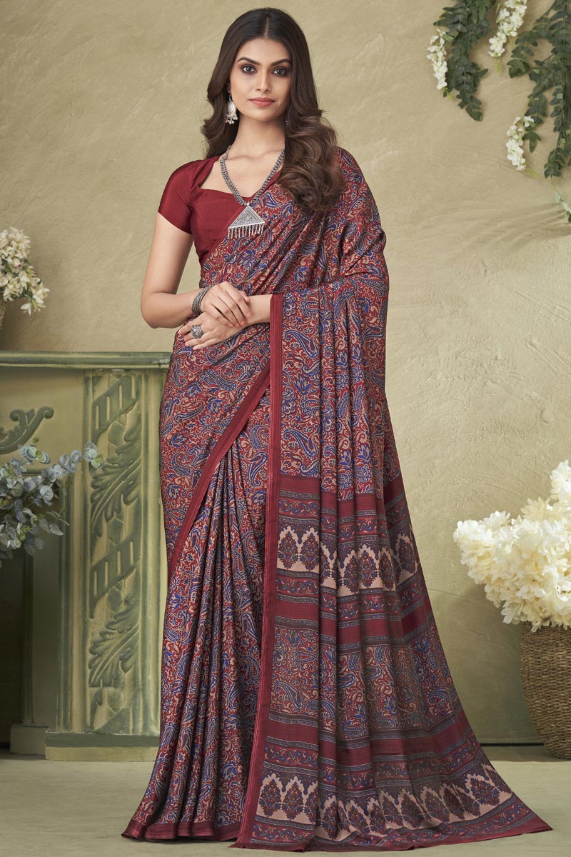 Crepe Silk Rust Color Printed Saree
