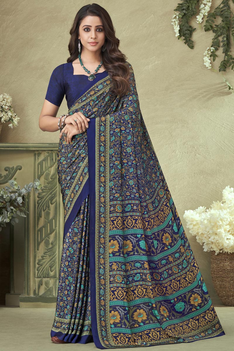 Blue Color Printed Saree In Crepe Silk