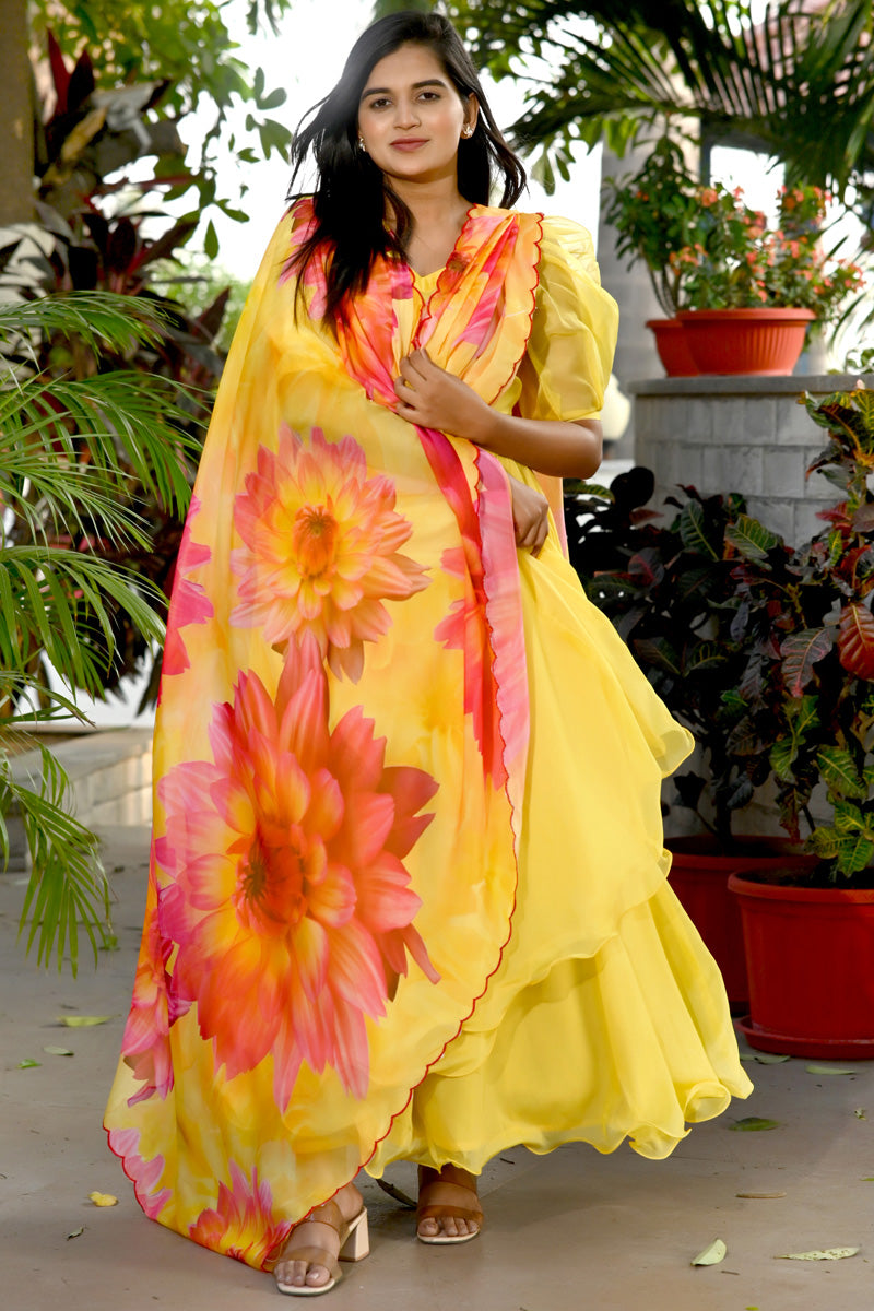 Art Silk Fabric Wonderful Gown With Printed Dupatta In Yellow Color