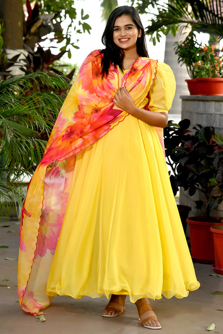 Art Silk Fabric Wonderful Gown With Printed Dupatta In Yellow Color