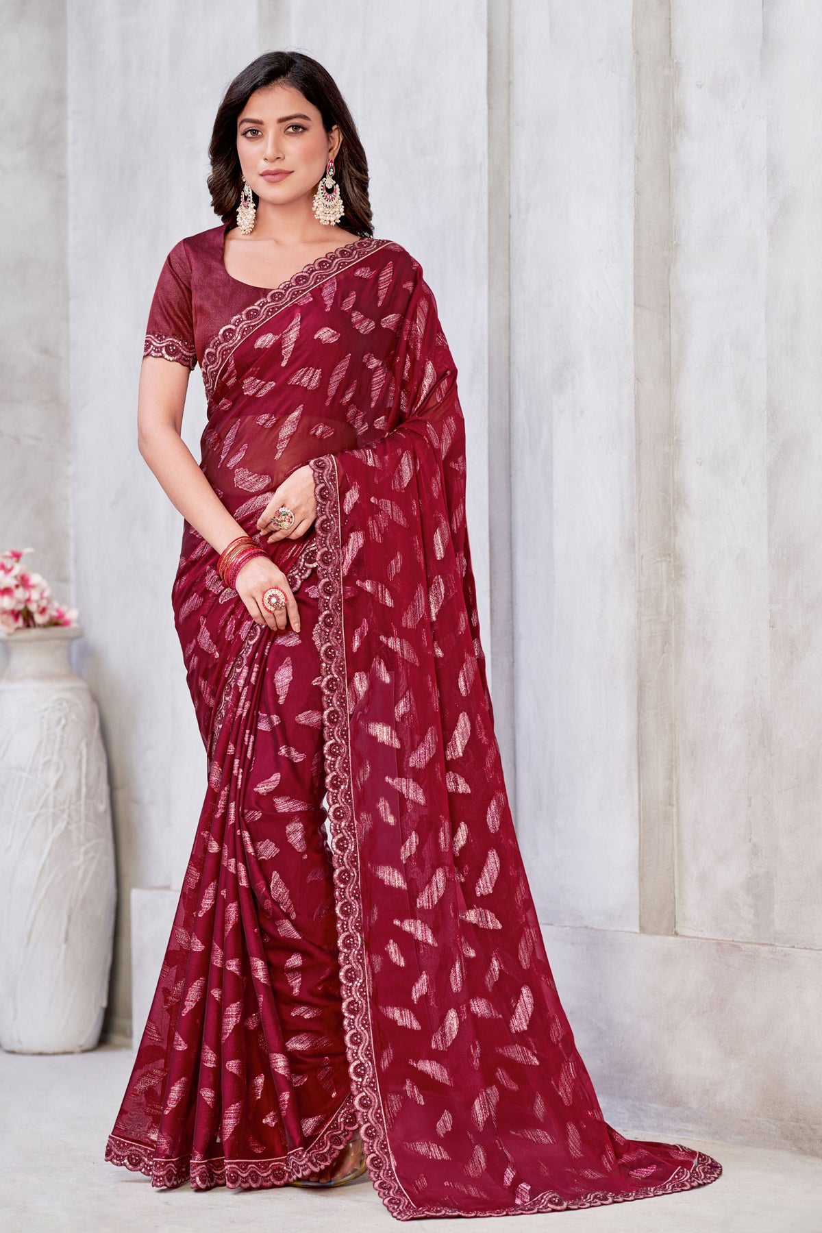 Blazing Red Color Zari Jacquard Weaving Work Georgette Saree