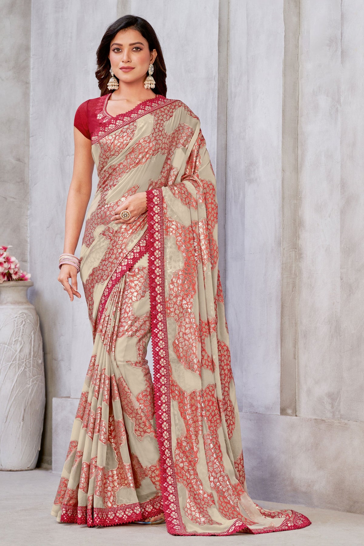 Red Color Glamorous Zari Jacquard Weaving Work Georgette Saree