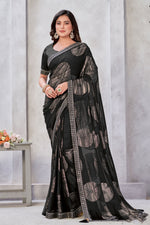 Load image into Gallery viewer, Zari Jacquard Weaving Work Attractive Georgette Saree In Black Color
