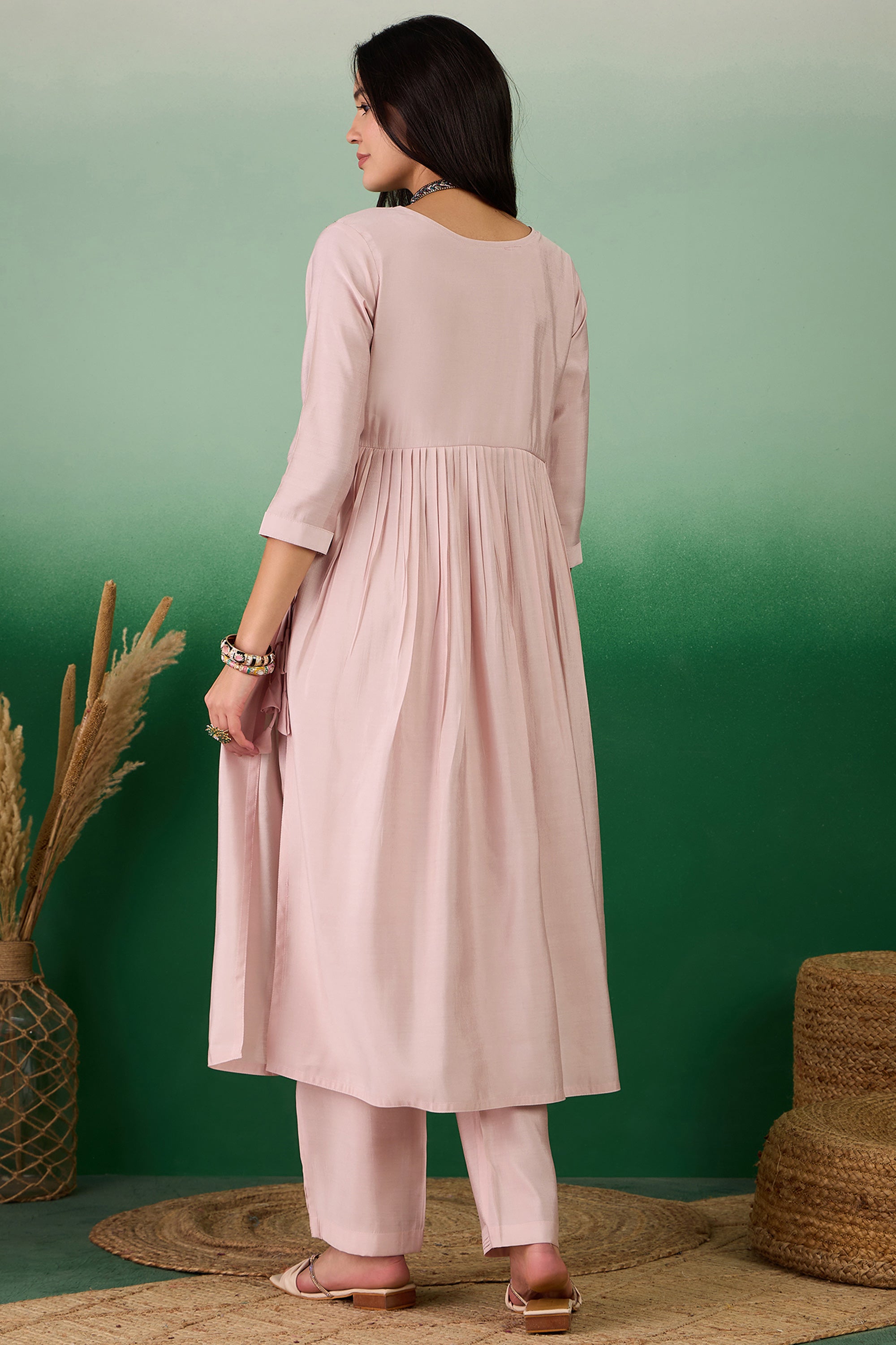 Attractive Muslin Fabric Pink Color Readymade Kurti With Bottom