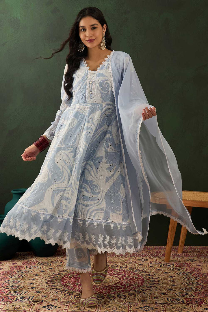 Light Cyan Color Festive Wear Cotton Fabric Stunning Readymade Salwar Suit