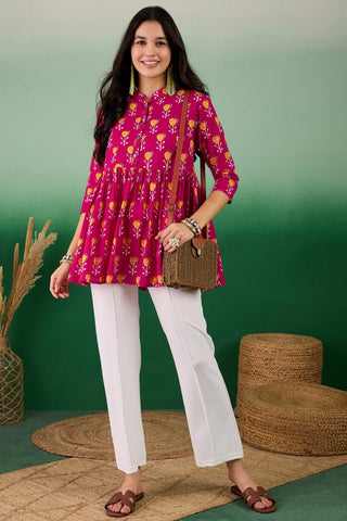 Appealing Pink Color Cotton Fabric Casual Wear Readymade Kurti