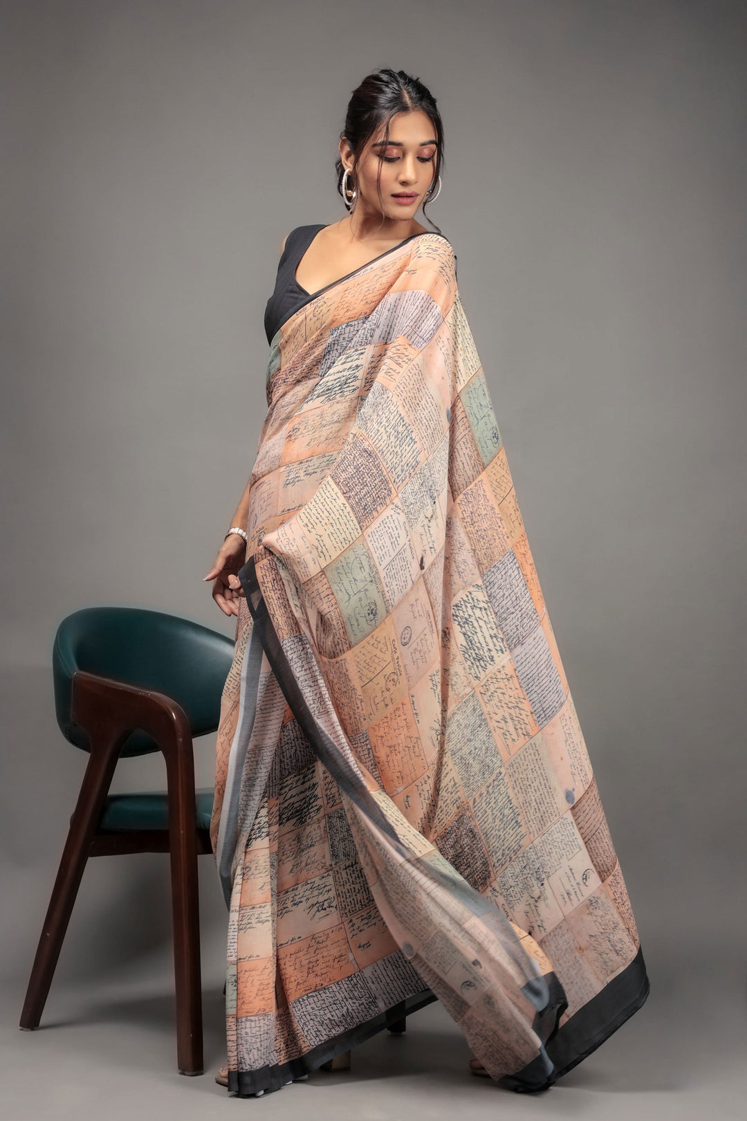 Printed Work On Peach Color Georgette Fabric beautiful Saree | Buy Online India