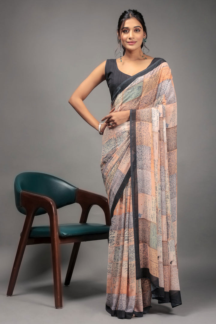 Printed Work On Peach Color Georgette Fabric beautiful Saree | Buy Online India