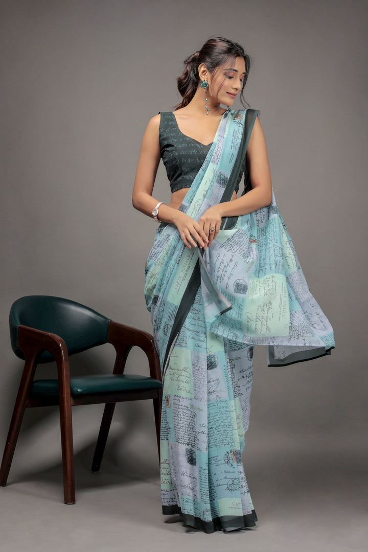 Light Cyan Color Georgette Fabric Engaging Saree With Printed Work | Buy Online India