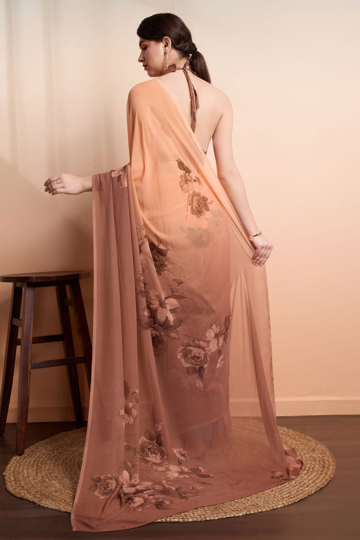 Excellent Georgette Fabric Brown Color Saree With Printed Work | Buy Online India