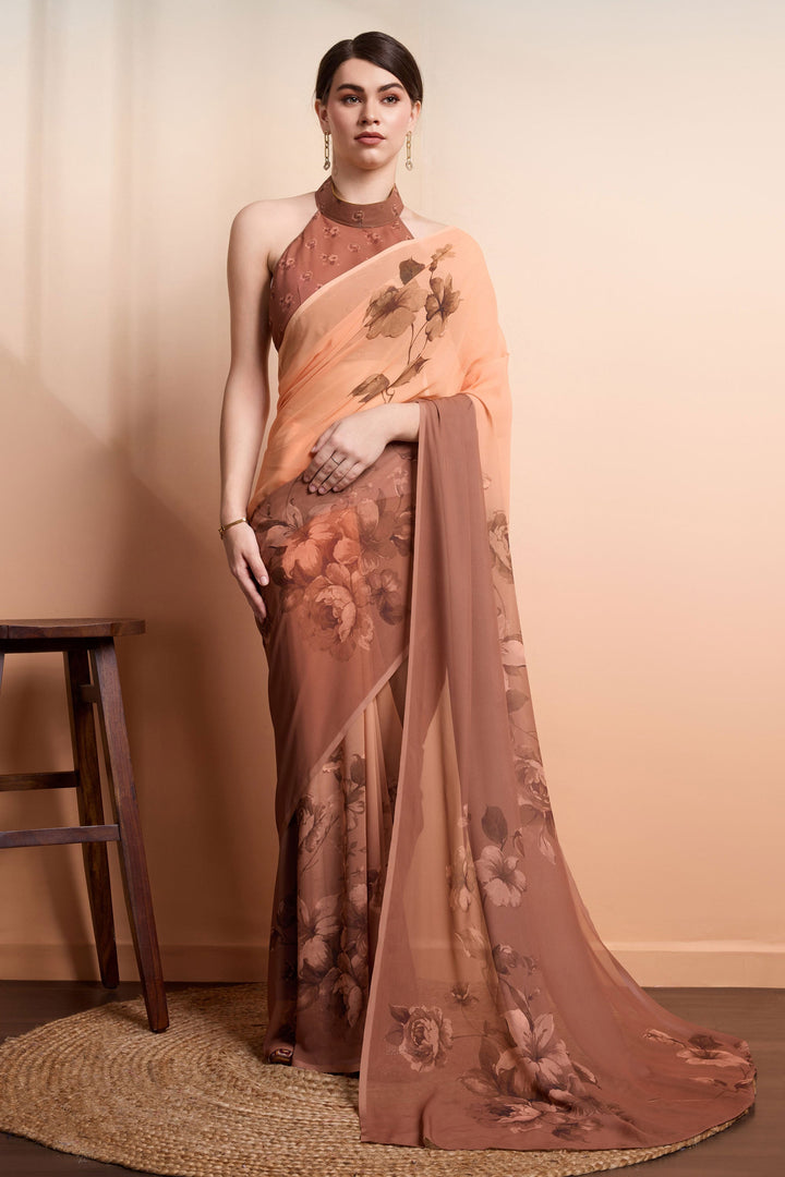 Excellent Georgette Fabric Brown Color Saree With Printed Work | Buy Online India