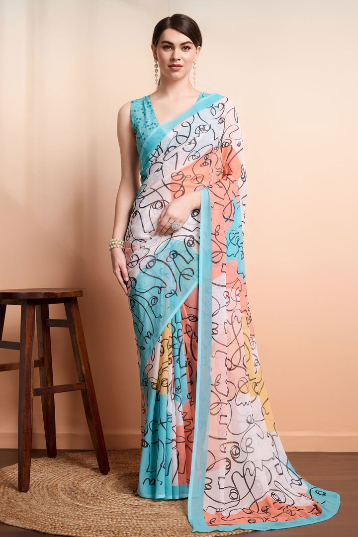 Multi Color Color Printed Work On Georgette Fabric Stunning Saree | Buy Online India