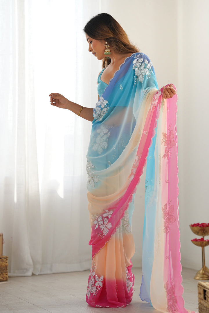 Sky Blue Sequins Work Georgette Saree With Blouse