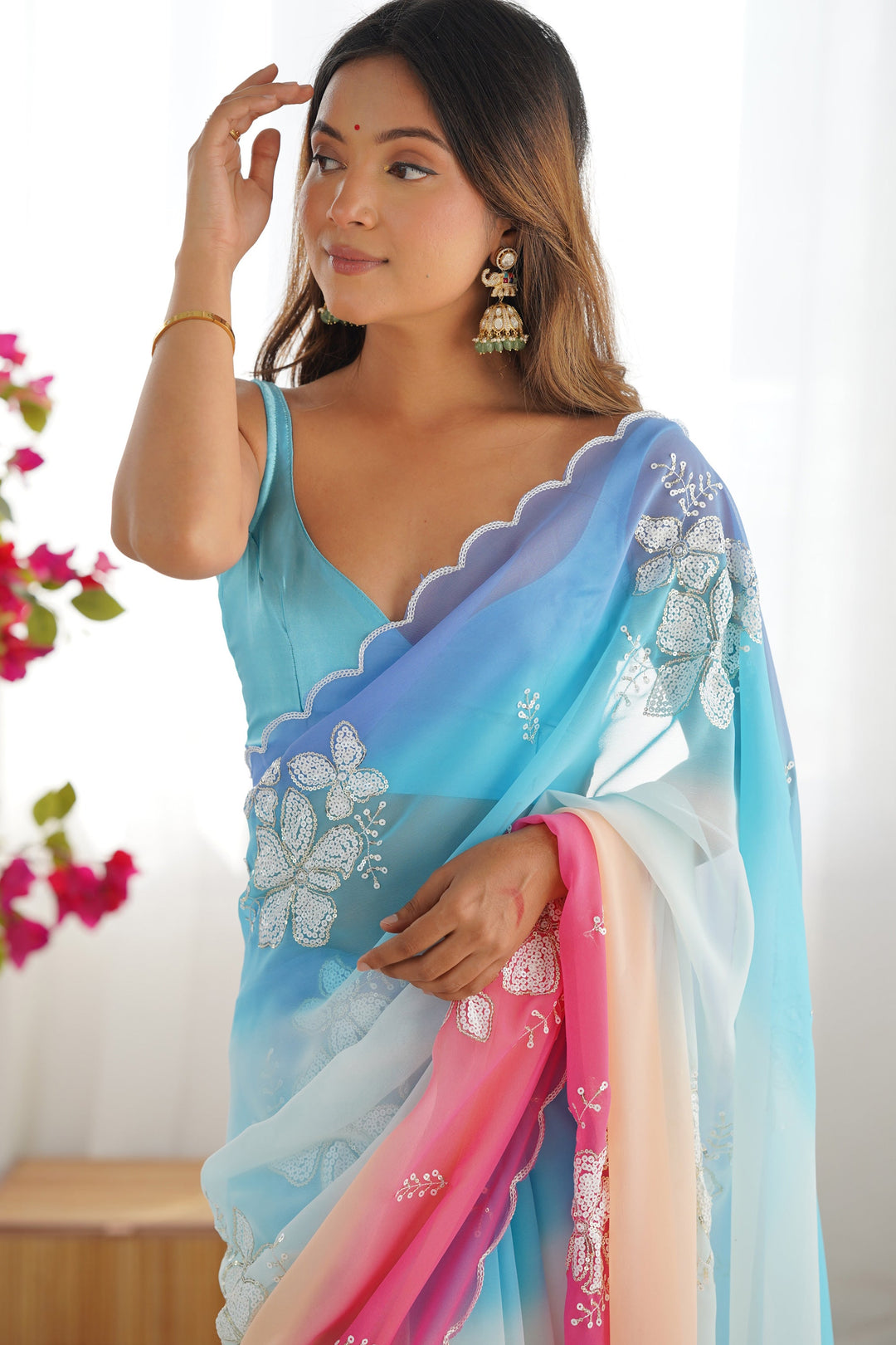 Sky Blue Sequins Work Georgette Saree With Blouse