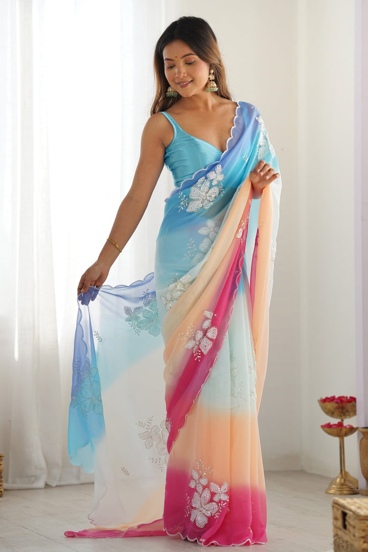 Sky Blue Sequins Work Georgette Saree With Blouse