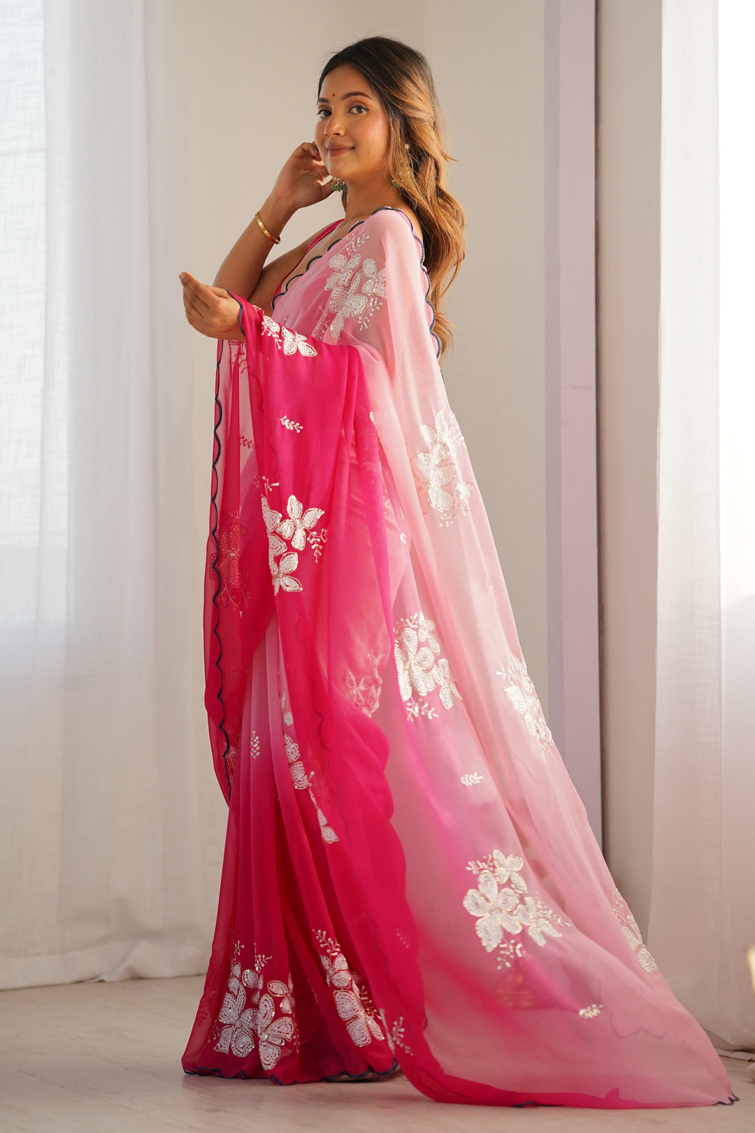 Radiant Pink Georgette Classic Saree with Sequins Work