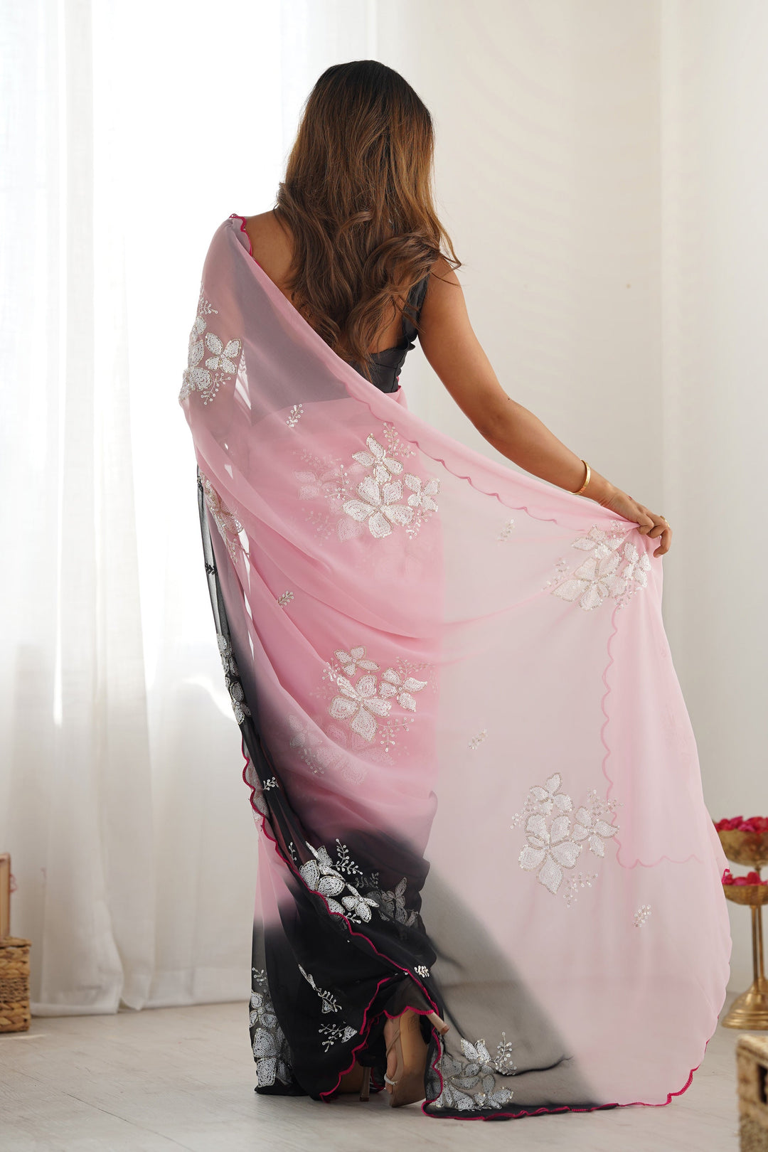 Beautiful Pink Sequins Work Party Wear Saree