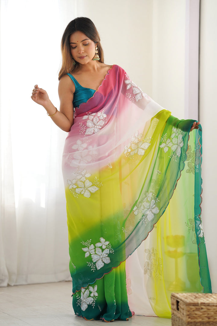Party Wear Green Color Sequins Work Georgette Saree | Buy Online India