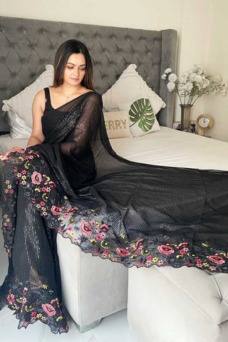 Sequins Work Attractive Shimmer Silk Saree In Black Color